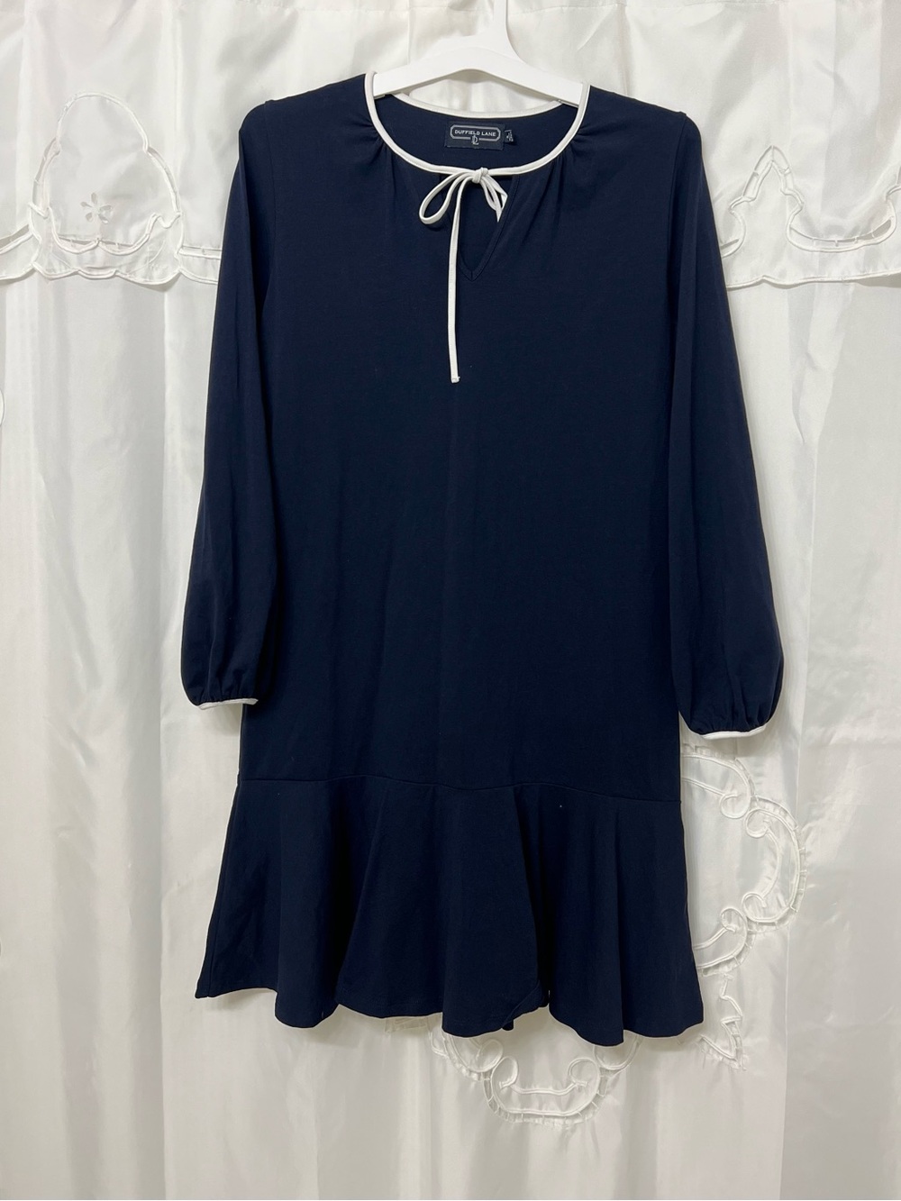 Duffield Lane Navy Blue Drop Waist Dress White Trim Tie Neck Size S